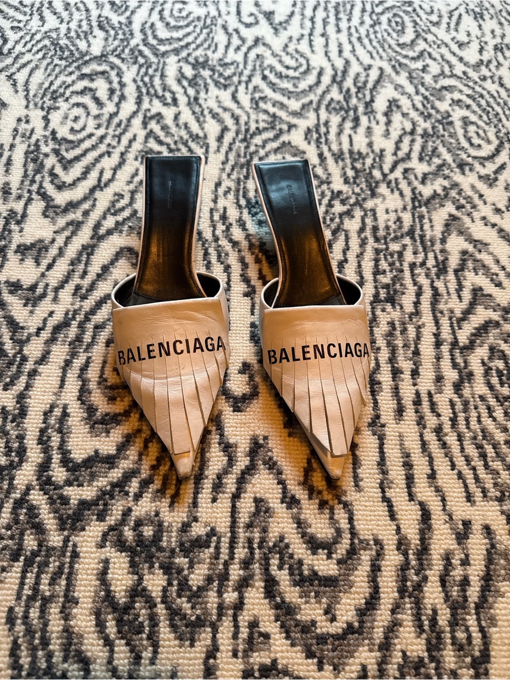 Balenciaga Beige Pointed Fringe Logo Slip-On Mules